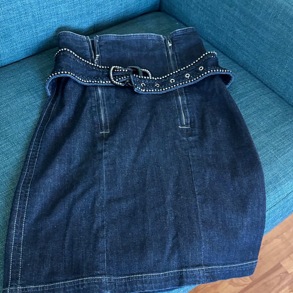 Dark Blue Denim High-Waist Skirt with Studded Belt